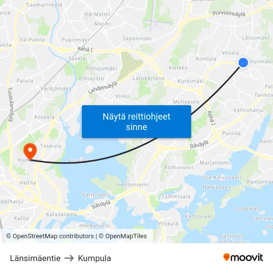 Länsimäentie to Kumpula map