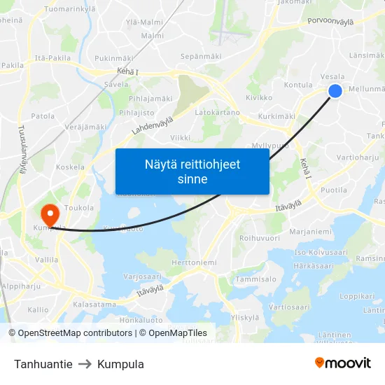 Tanhuantie to Kumpula map