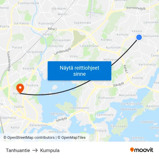 Tanhuantie to Kumpula map