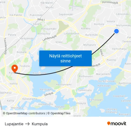 Lupajantie to Kumpula map