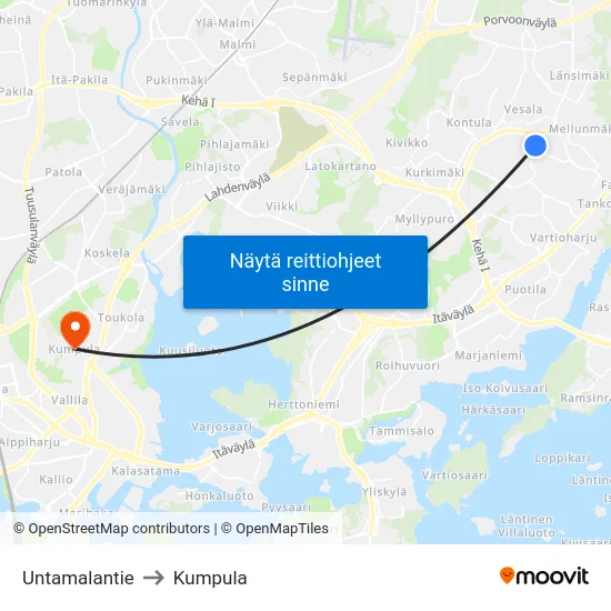Untamalantie to Kumpula map