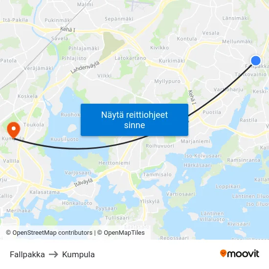 Fallpakka to Kumpula map