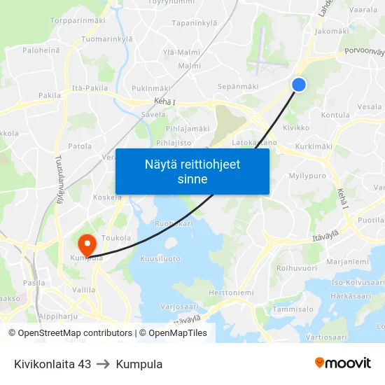 Kivikonlaita 43 to Kumpula map
