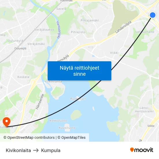 Kivikonlaita to Kumpula map