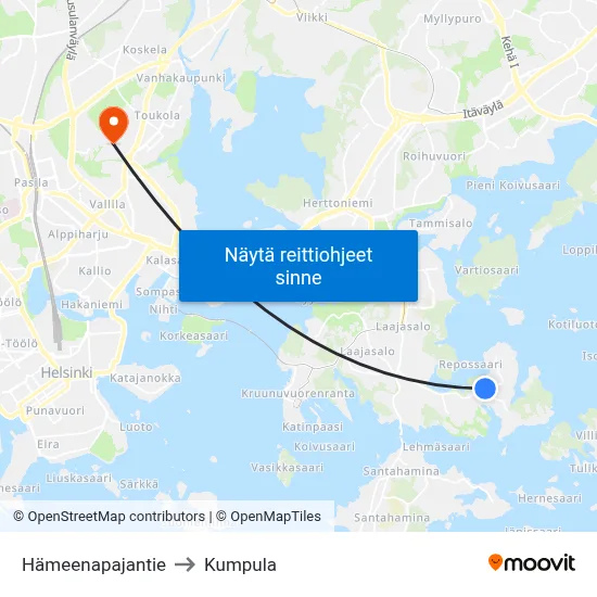 Hämeenapajantie to Kumpula map