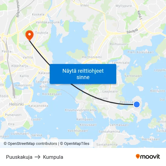Puuskakuja to Kumpula map