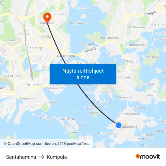 Santahamina to Kumpula map