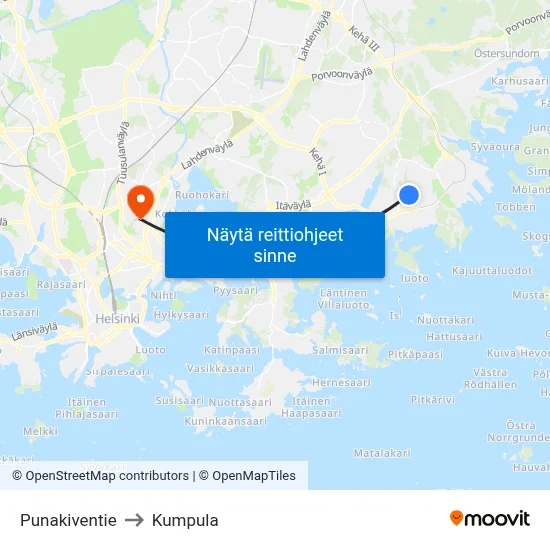 Punakiventie to Kumpula map