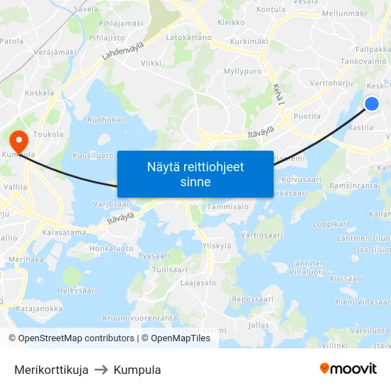 Merikorttikuja to Kumpula map