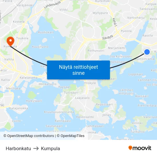 Harbonkatu to Kumpula map