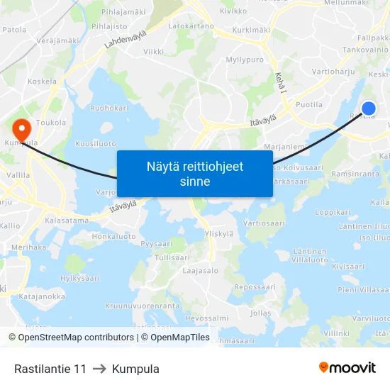 Rastilantie 11 to Kumpula map