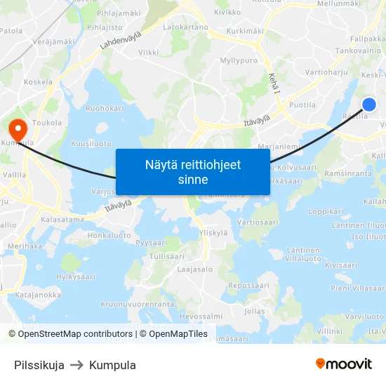 Pilssikuja to Kumpula map
