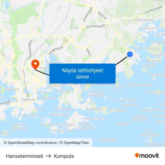 Hansaterminaali to Kumpula map