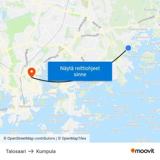 Talosaari to Kumpula map