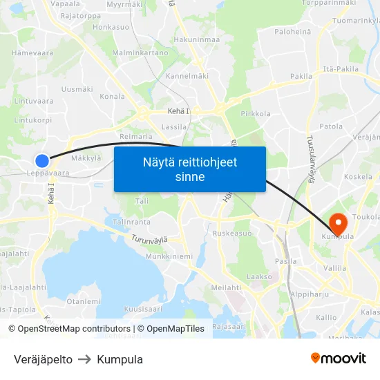 Veräjäpelto to Kumpula map