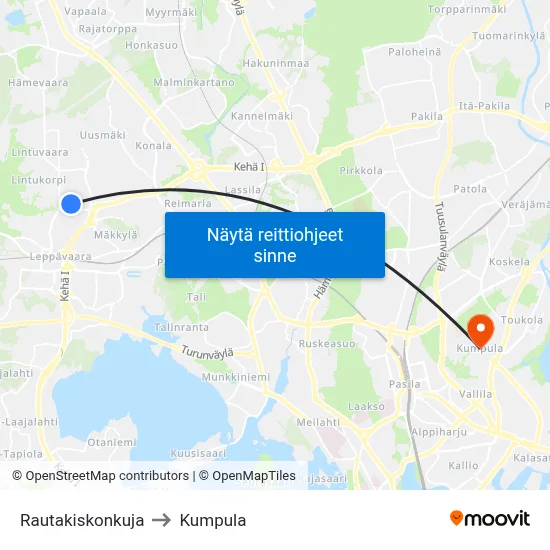 Rautakiskonkuja to Kumpula map