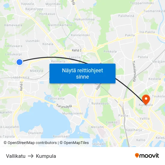 Vallikatu to Kumpula map