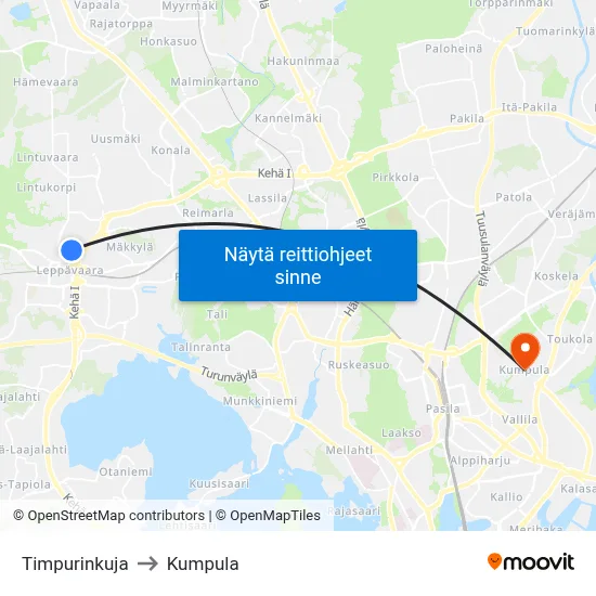 Timpurinkuja to Kumpula map