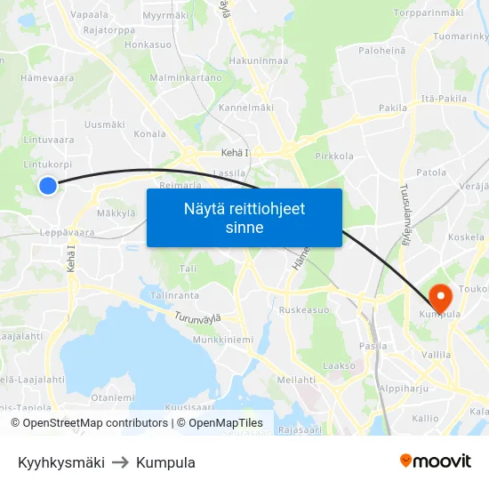 Kyyhkysmäki to Kumpula map