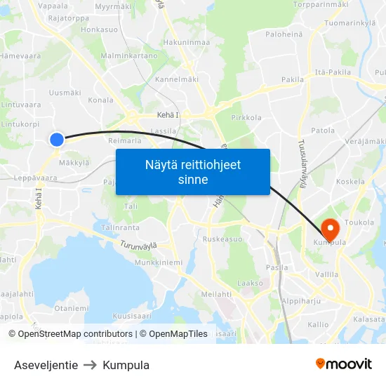 Aseveljentie to Kumpula map