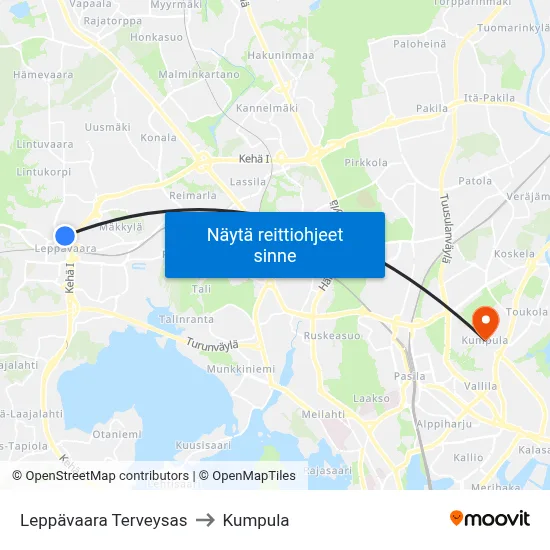 Leppävaara Terveysas to Kumpula map