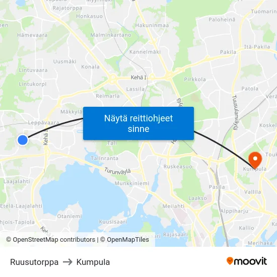 Ruusutorppa to Kumpula map