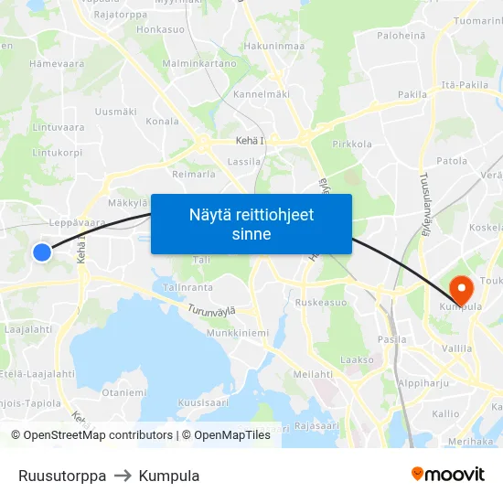Ruusutorppa to Kumpula map