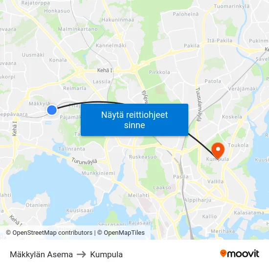 Mäkkylän Asema to Kumpula map
