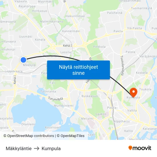 Mäkkyläntie to Kumpula map