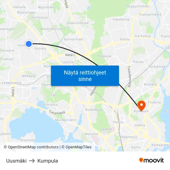 Uusmäki to Kumpula map
