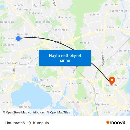 Lintumetsä to Kumpula map