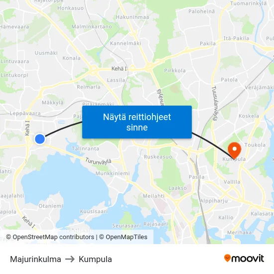 Majurinkulma to Kumpula map