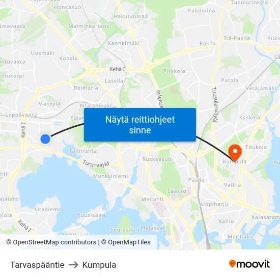Tarvaspääntie to Kumpula map