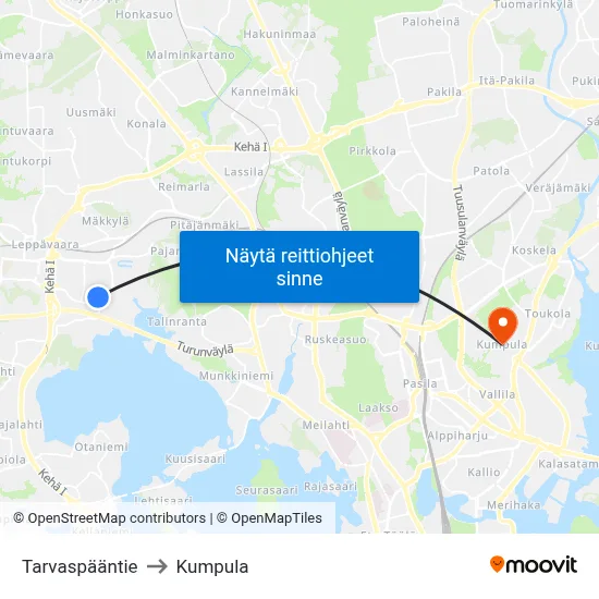 Tarvaspääntie to Kumpula map