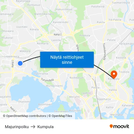 Majurinpolku to Kumpula map