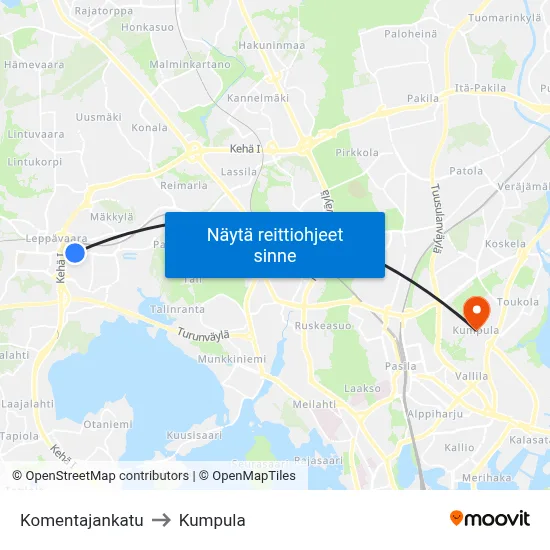 Komentajankatu to Kumpula map