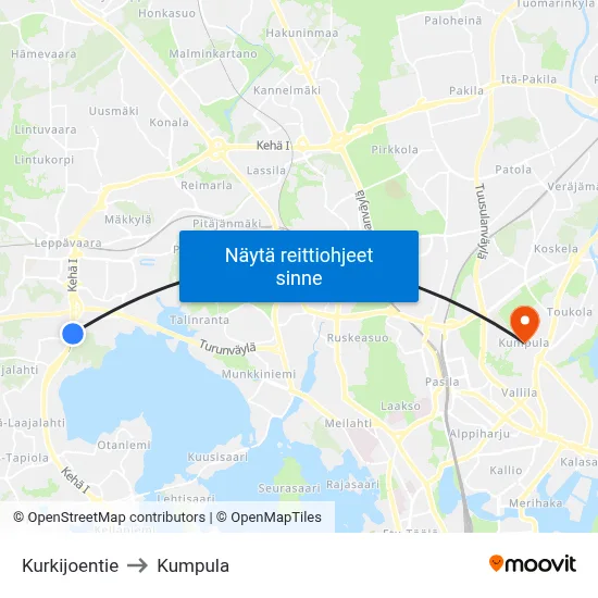 Kurkijoentie to Kumpula map