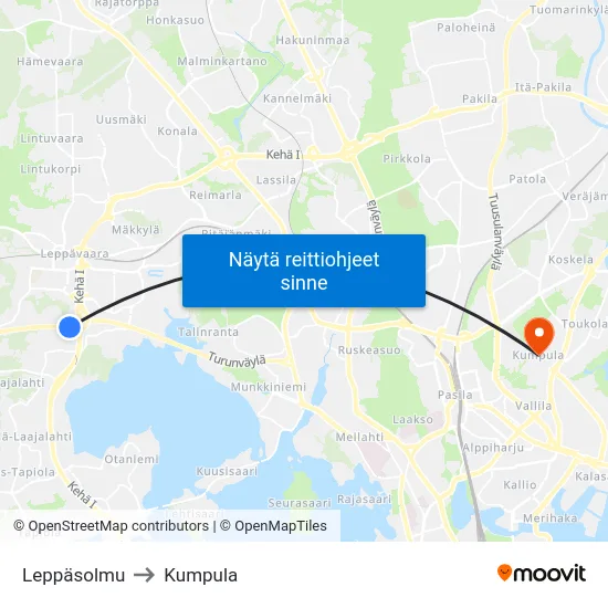 Leppäsolmu to Kumpula map