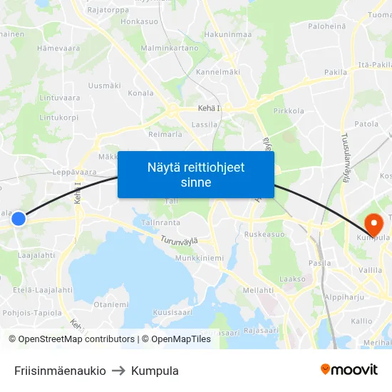 Friisinmäenaukio to Kumpula map