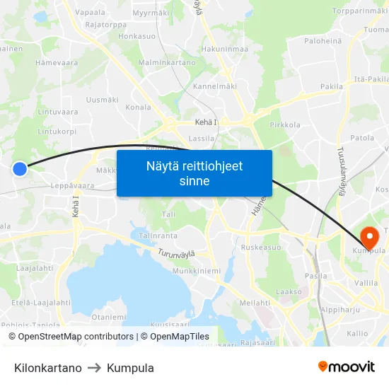 Kilonkartano to Kumpula map