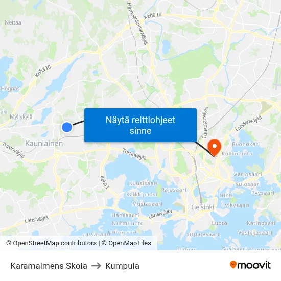 Karamalmens Skola to Kumpula map