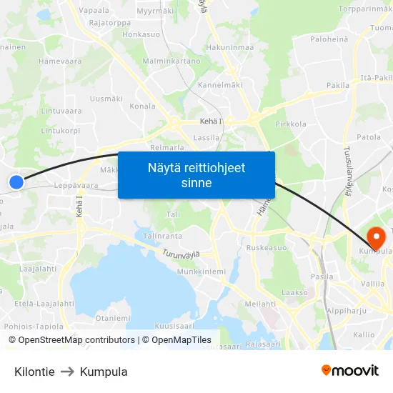 Kilontie to Kumpula map