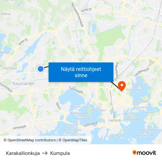 Karakallionkuja to Kumpula map