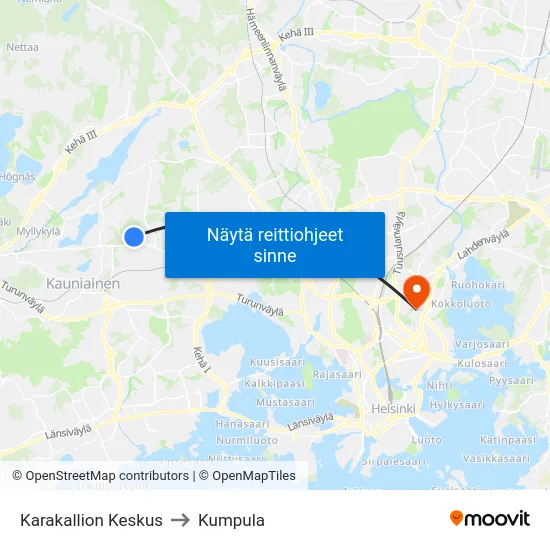 Karakallion Keskus to Kumpula map