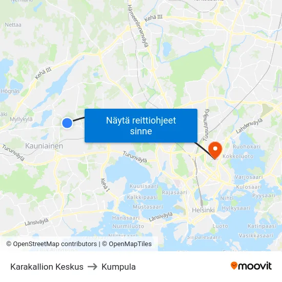 Karakallion Keskus to Kumpula map