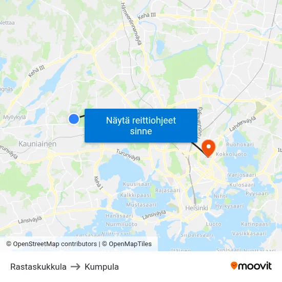 Rastaskukkula to Kumpula map