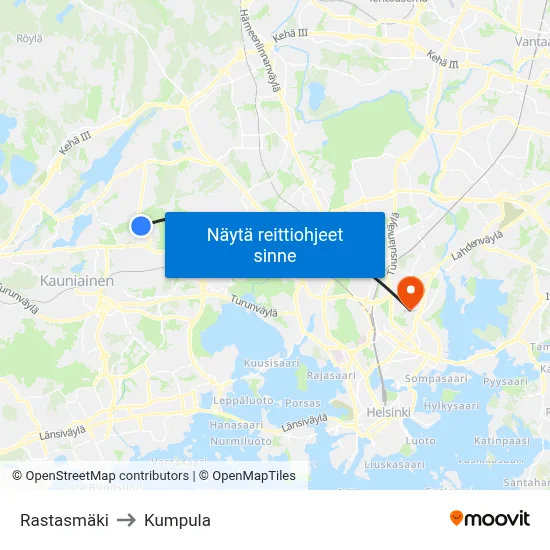 Rastasmäki to Kumpula map