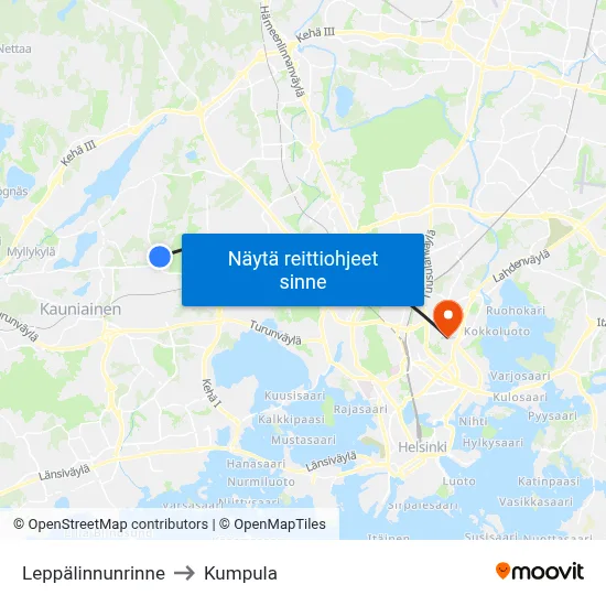 Leppälinnunrinne to Kumpula map
