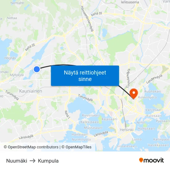 Nuumäki to Kumpula map