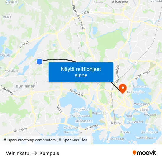 Veininkatu to Kumpula map